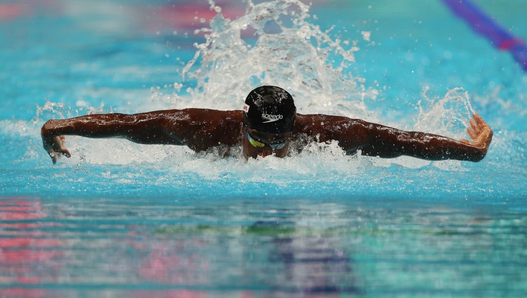Joshua Liendo swims butterfly stroke straight towards camera