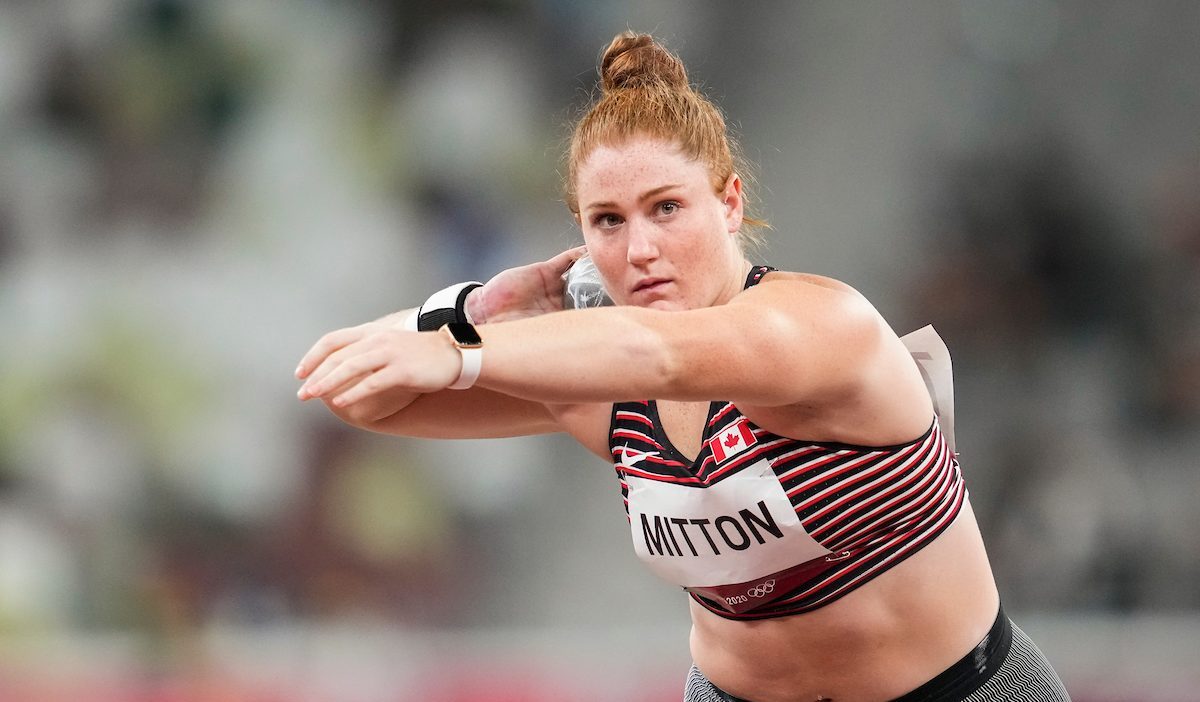 Sarah Mitton in her windup with the shot tucked into her chin