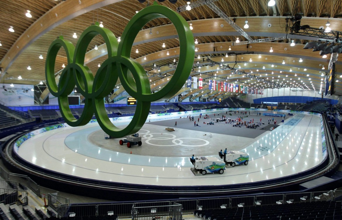 Wide shot of the Olympic rings inside the Richmond Olympic Oval 