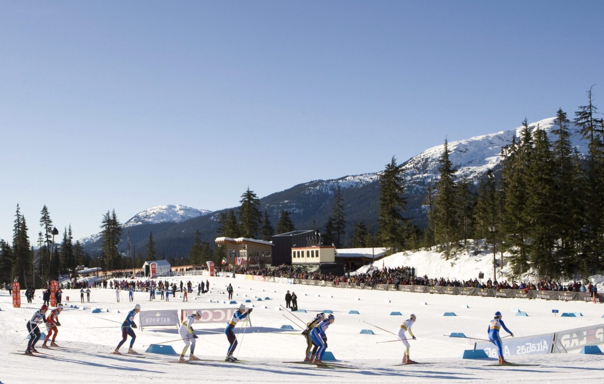 Wide scenic of cross-country skiers racing under blue sky