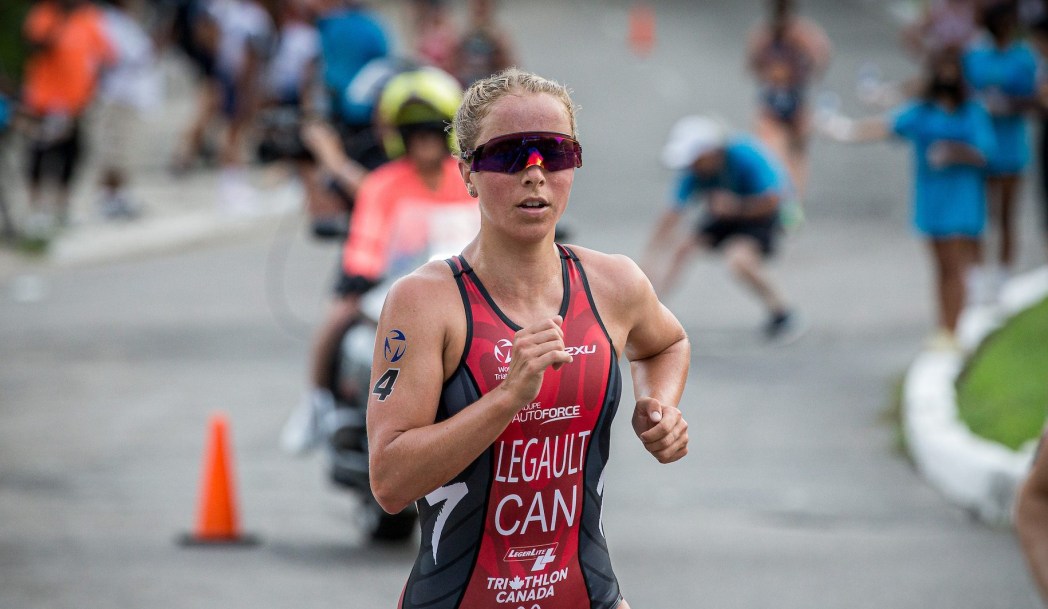 Emy Legault sprinting during World Triathlon Cup Podium in Huatulco , Mexico on Saturday June 19, 2022.