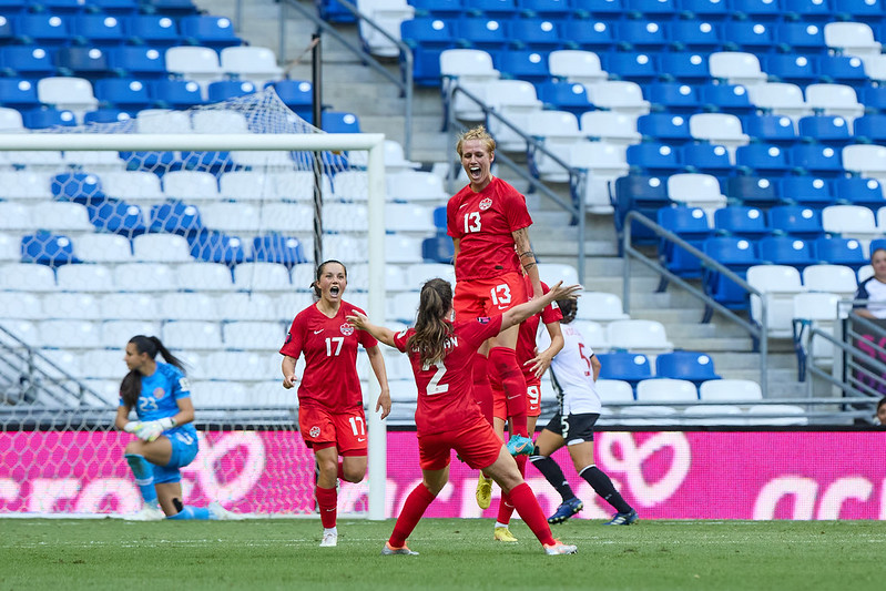 Sophie Schmidt celebrates scoring a goal with teammates Jessie Fleming and Allysha Chapman