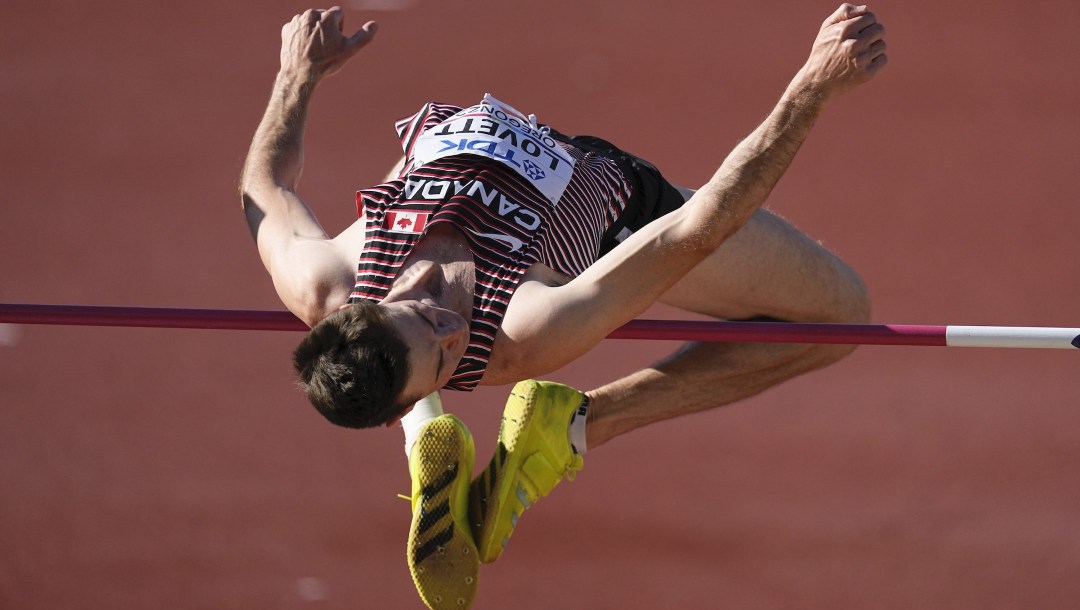 Django Lovett, of Canada, competes during in the men's high jump final at the World Athletics Championships on Monday, July 18, 2022, in Eugene, Ore.(AP Photo/Gregory Bull)