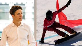Split screen of Jules Lefebvre in a white business shirt and him in a snowboard competition