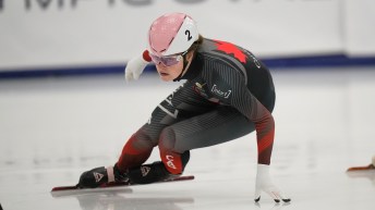 Kim Boutin, of Canada, competes during the women's 500-meter preliminaries at a World Cup short track speedskating event at the Utah Olympic Oval, Friday, Nov. 4, 2022, in Kearns, Utah. (AP Photo/Rick Bowmer)