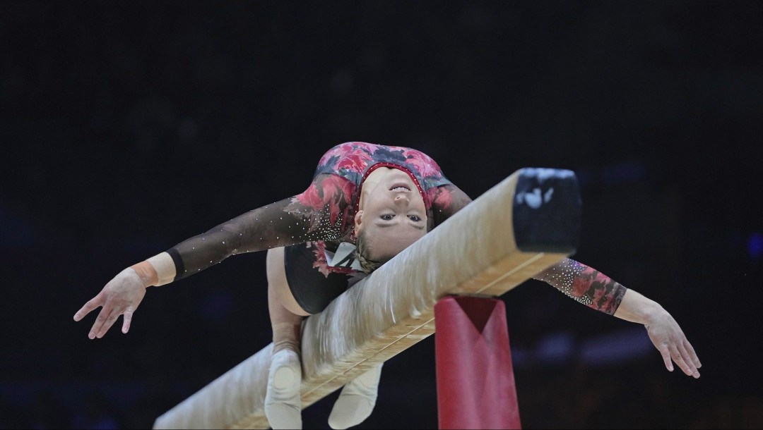 Canada's Elsabeth Black competes in the balance beam finals during the Artistic Gymnastics World Championships at M&S Bank Arena in Liverpool, England, Sunday, Nov. 6, 2022. (AP Photo/Thanassis Stavrakis)