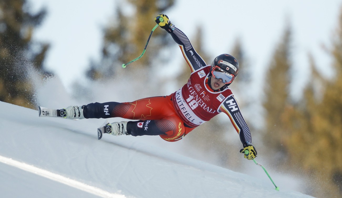 Jack Crawford skis down the hill in a super-G event