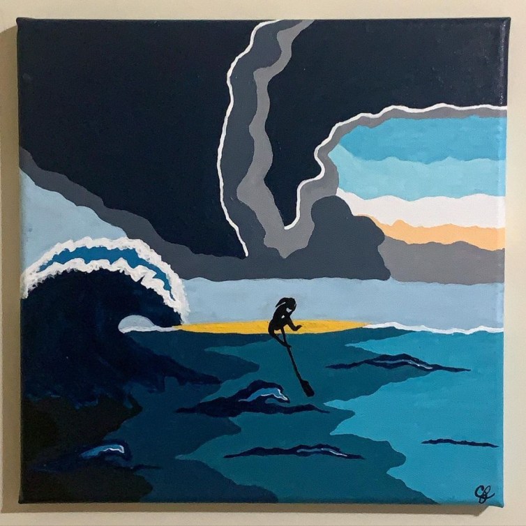A piece of art showing a rower being followed by a giant wave 