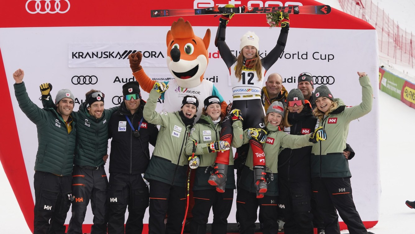 The winner Canada's Valerie Grenier celebrates with the team after an alpine ski, women's World Cup giant slalom race, in Kranjska Gora, Slovenia, Saturday, Jan. 7, 2023.