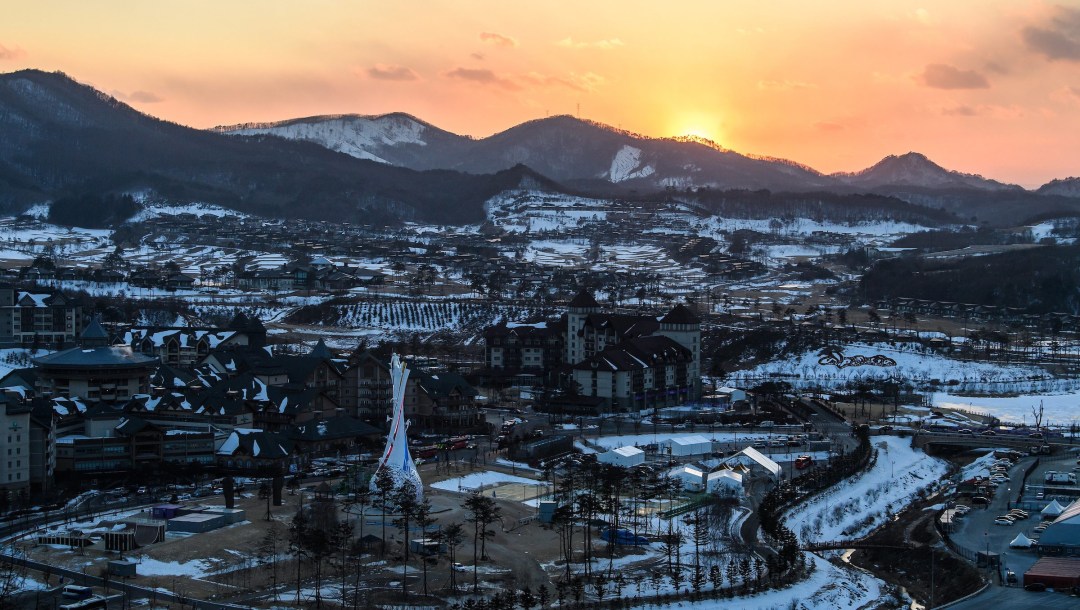 Aerial scenic of PyeongChang convention centre and its surroundings at sunset