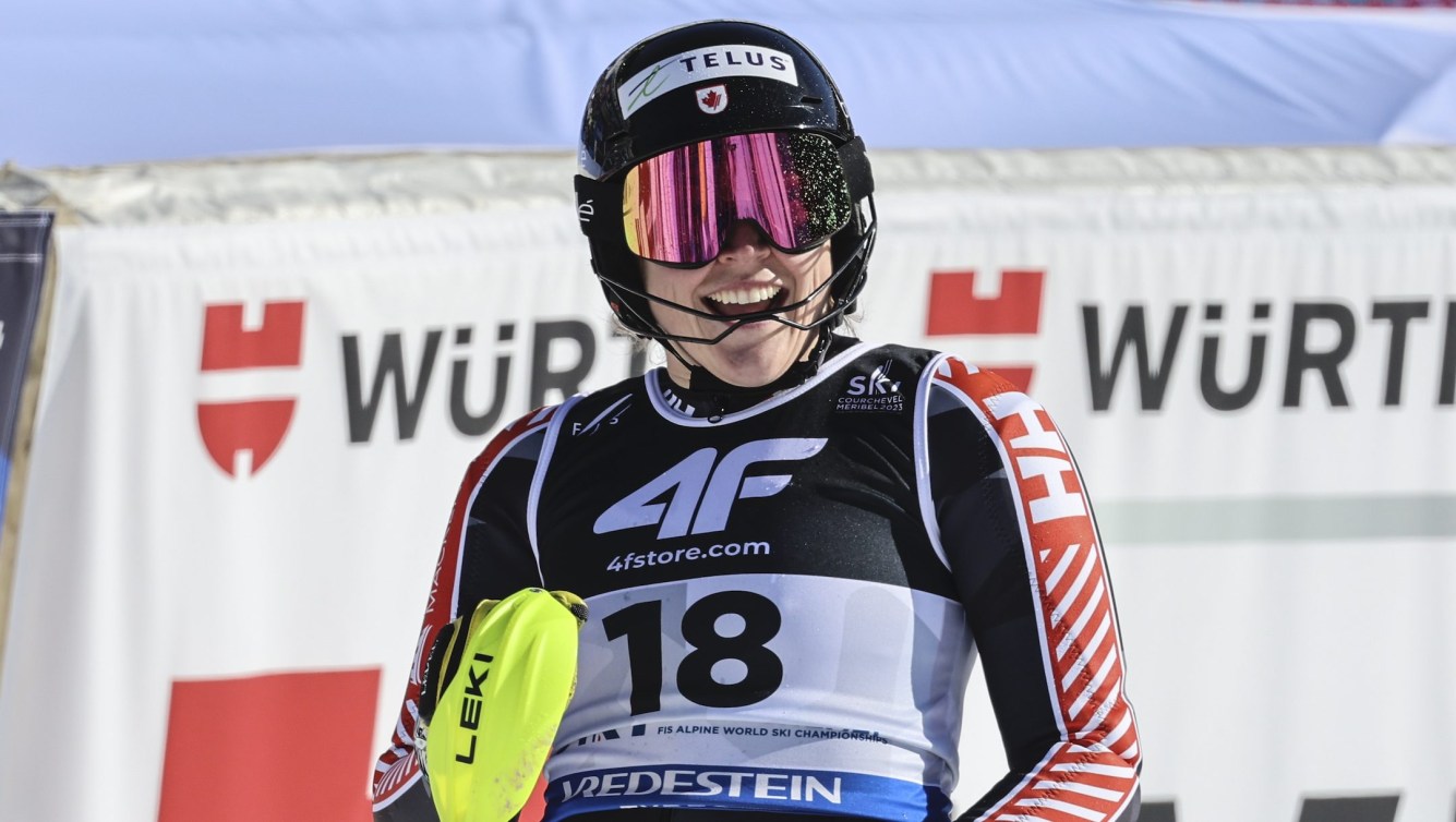 Canada's Laurence St-Germain gets to the finish area after completing the women's World Championship slalom, in Meribel, France, Saturday Feb. 18, 2023. (AP Photo/Marco Trovati)