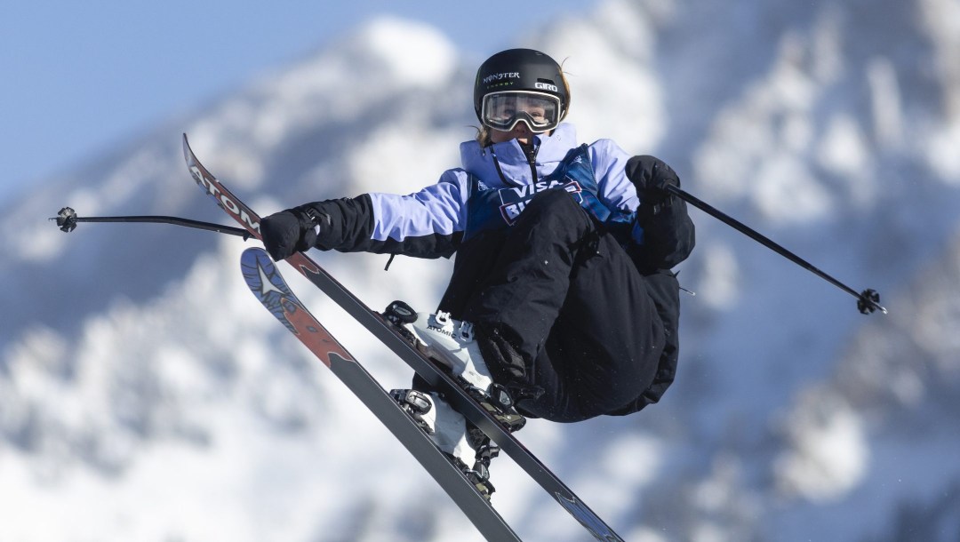 Megan Oldham, of Canada, executes a trick in the Big Air World Cup freestyle skiing finals in Copper Mountain, Colo., Friday, Dec. 16, 2022. (AP Photo/Hugh Carey)