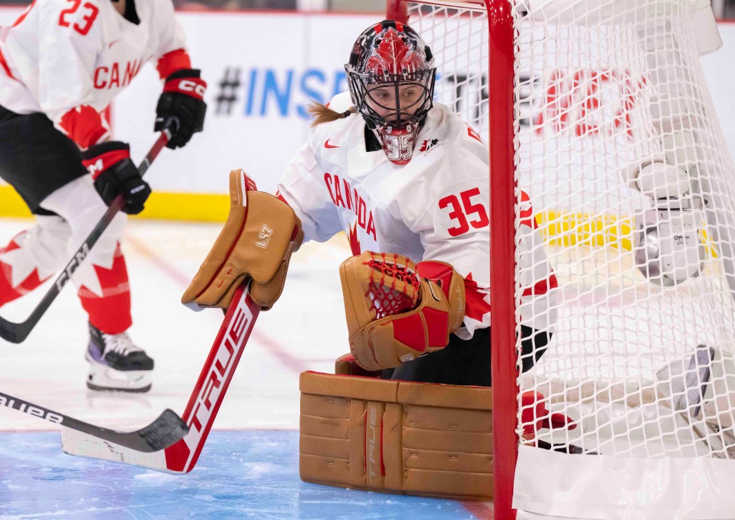 Team Canada goaltender Ann-Renee Desbiens keeps an eye on the action against the United States during the gold medal game of the 2023 IIHF Women's Hockey Championship.