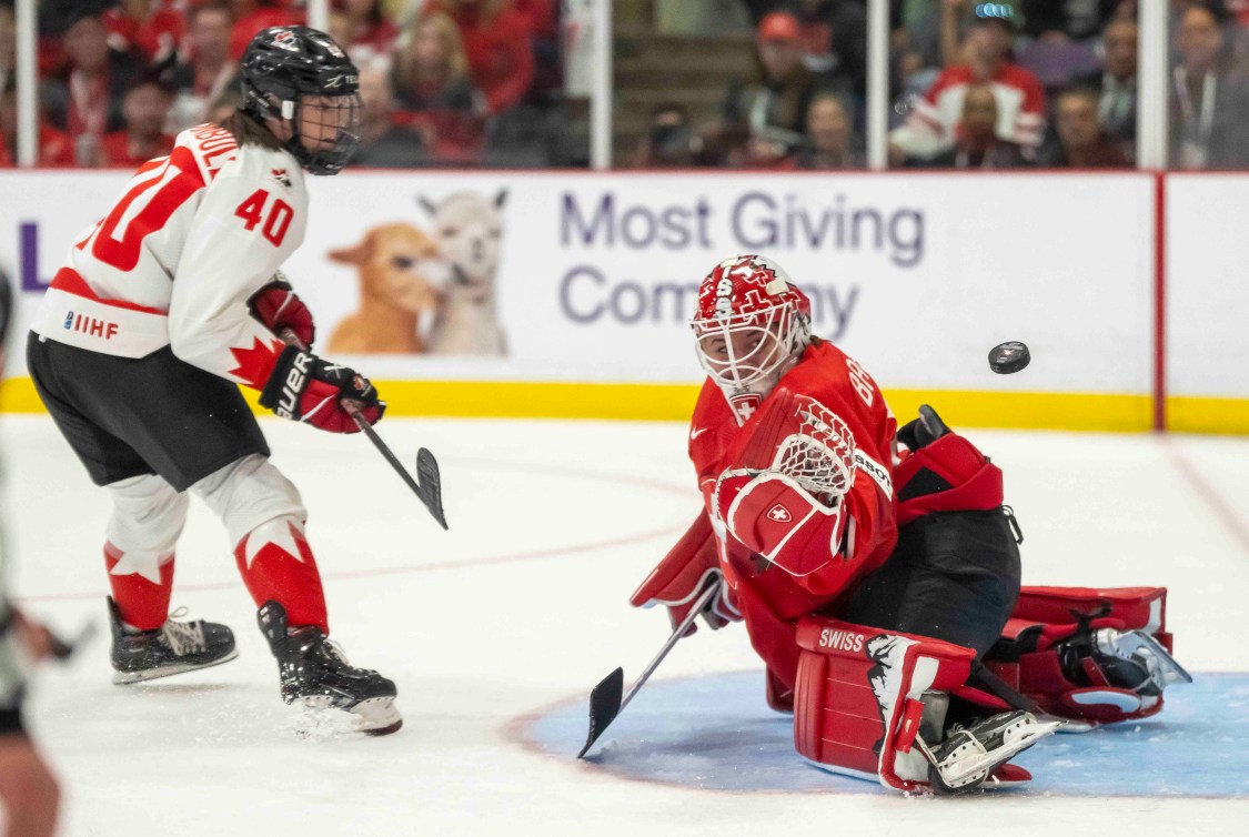 Blayre Turnbull is stopped on a breakaway against Switzerland at the 2023 IIHF Women's World Championship.