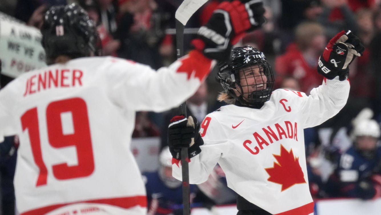 Marie-Philip Poulin celebrates scoring against the United States in the gold medal game of the 2023 IIHF Women's World Championship.
