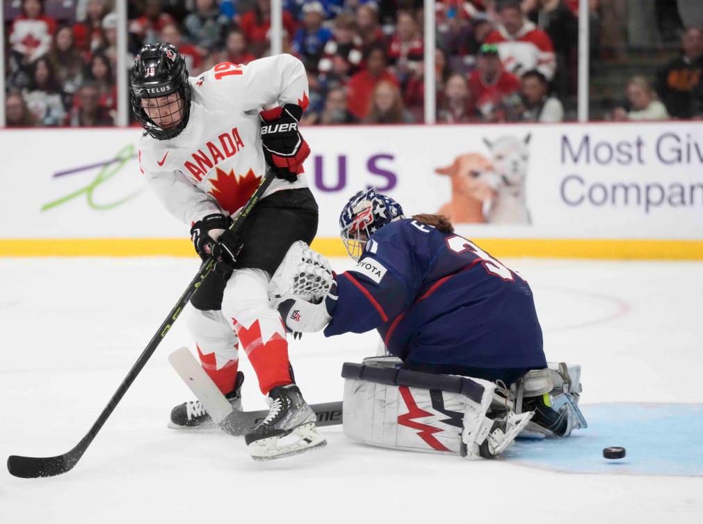 Team Canada's Brianne Jenner scores against the United States in the gold medal game of the 2023 IIHF Women's World Championship.