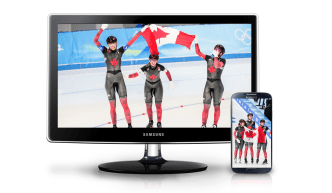 Team Canada's speed skating trio hold the Canadian flag on ice as a wallpaper on a desktop and on a mobile