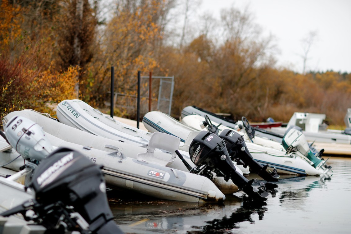 Close up look at several coach boats with their gas outboard motors