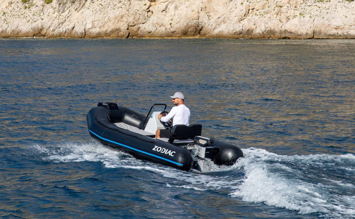 A zodiac boat powered by electric outboard