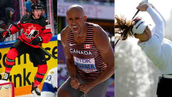 Split screen image of a Canadian hockey player celebrating a goal, Damian Warner yelling in happy reaction, Brooke Henderson swinging a golf club