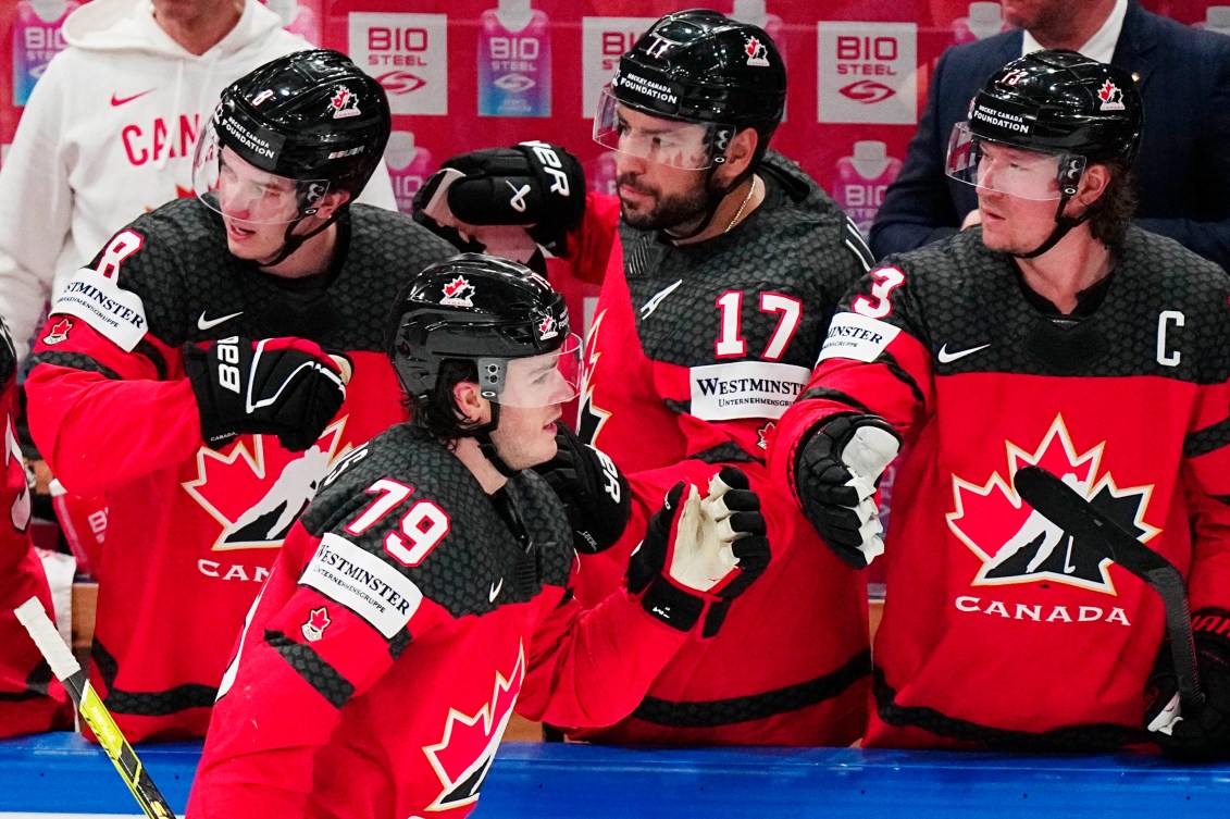 Team Canada celebrates a goal against Finland at the IIHF World Championship.