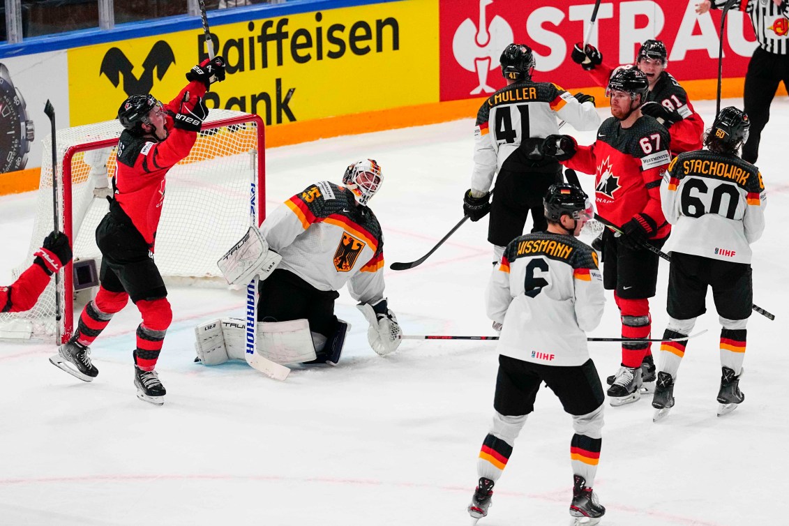 Team Canada celebrates a Lawson Crouse goal against Germany in the gold medal game of the 2023 IIHF World Championship.