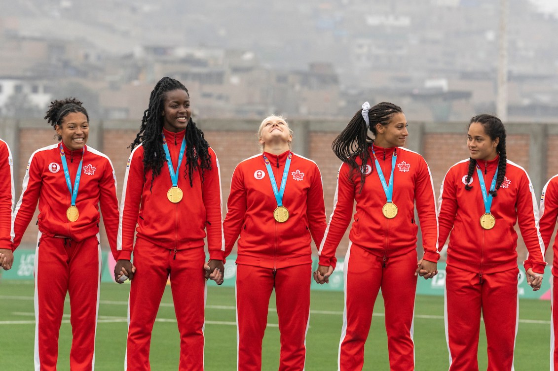 Team Canada wins gold against the United States in Womens Seven's rugby  at the Lima 2019  Pan American Games