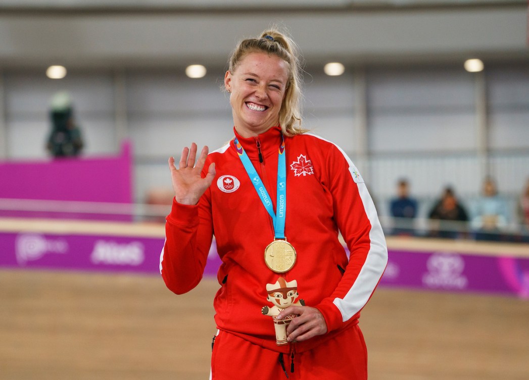 Kelsey Mitchell takes the gold medal in the womens sprint in track cycling at the Lima 2019 Pan American Games