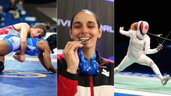 Split screen of a wrestler pinning an opponent, Pamela Ware biting a silver medal, and a fencer making a move on the piste