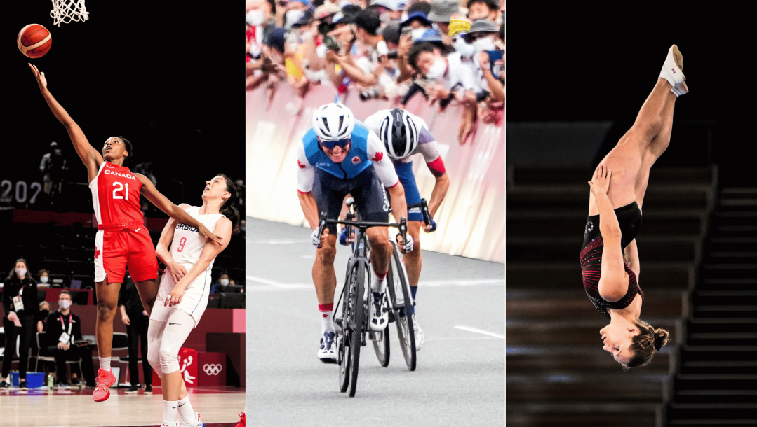 Side by side shots of Canadian basketball players, cyclists and trampolinist