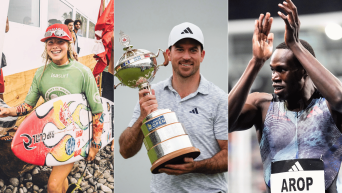 Split screen image of Erin Brooks carrying her surfboard, Nick Taylor holding the Canadian Open trophy, and Marco Arop clapping his hands above his head
