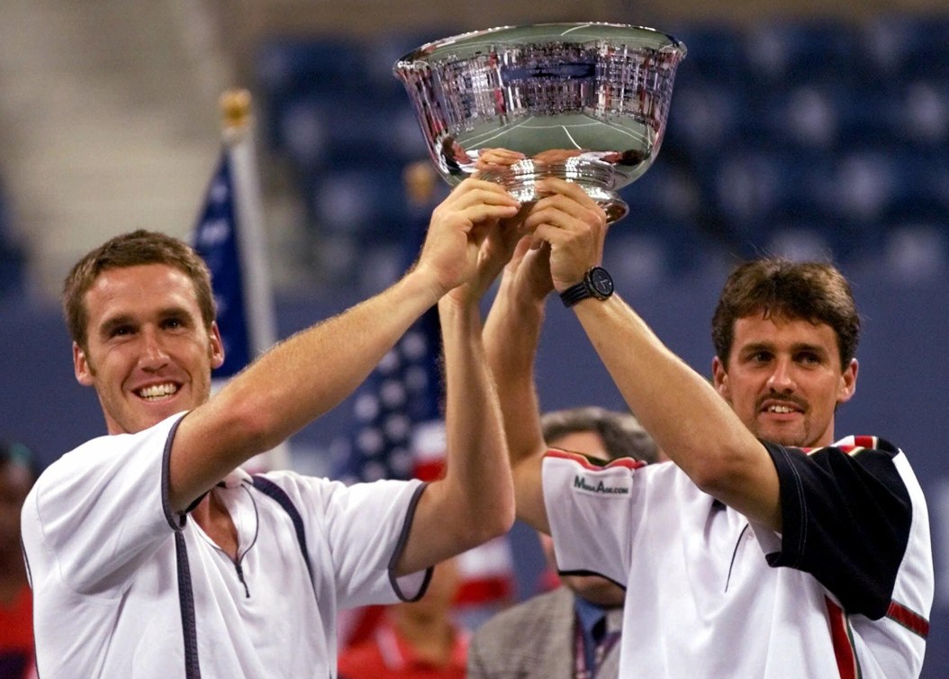 Sebastien Lareau holds up the US Open trophy with doubles partner Alex O'Brien

