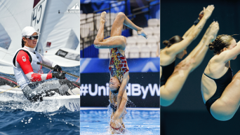 Split screen image of Sarah Douglas steering her sailboat, artistic swimmers performing a lift in the water, two divers in pike position