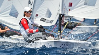 Sarah Douglas competes at Sailing Olympic Test Event in Marseille, France.