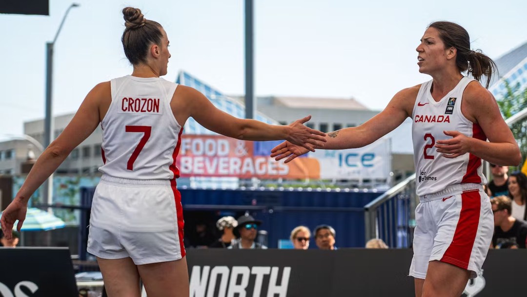 Canada celebrates after winning a 3x3 match at the Edmonton series stop.