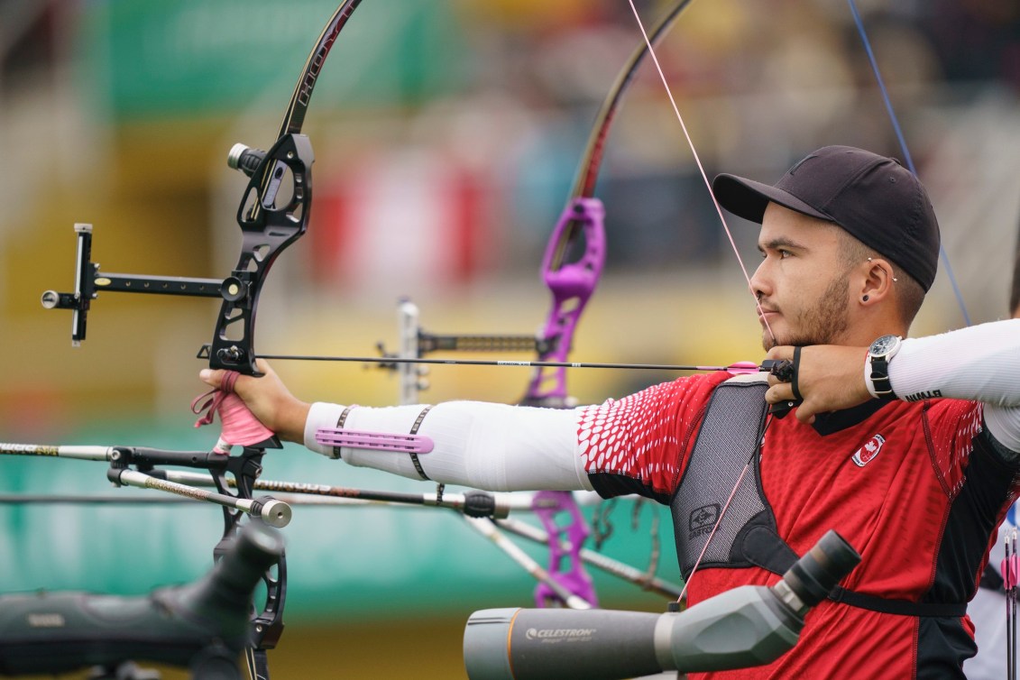 Eric Peters of Canada competes in men's recurve individual archery at the Lima 2019 Pan American Games on August 9, 2019. 
