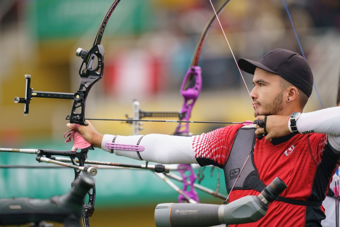 Eric Peters of Canada competes in men's recurve individual archery at the Lima 2019 Pan American Games on August 9, 2019.