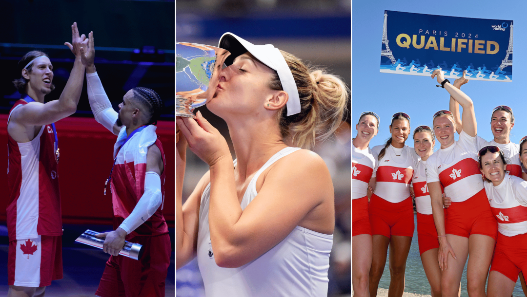 Split screen image of two Canadian basketball players giving a high five, Gaby Dabrowski kissing her US Open doubles trophy, and members of the Canadian women's eight rowing team holding up a qualified sign