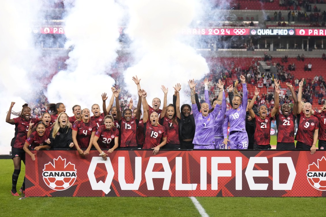 Canadian women's soccer team celebrates behind a banner that says qualified