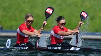 Team Canada’s Natalie Davison, left, and Courtney Stott compete in women's kayak double 500m sprint at the 2024 Paris Olympic Games in France on Friday, August 9, 2024.