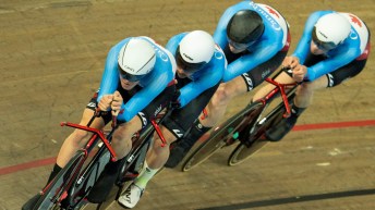 Canadians Chris Ernst (61), Amiel Flett-Brown (62), Daniel Fraser Maraun (63), and Gavin Hadfield (64) race during Men's Team Pursuit qualifying on the first day of the UCI Track Nations Cup in Milton, Ont., Thursday, May 12, 2022. THE CANADIAN PRESS/Peter Power