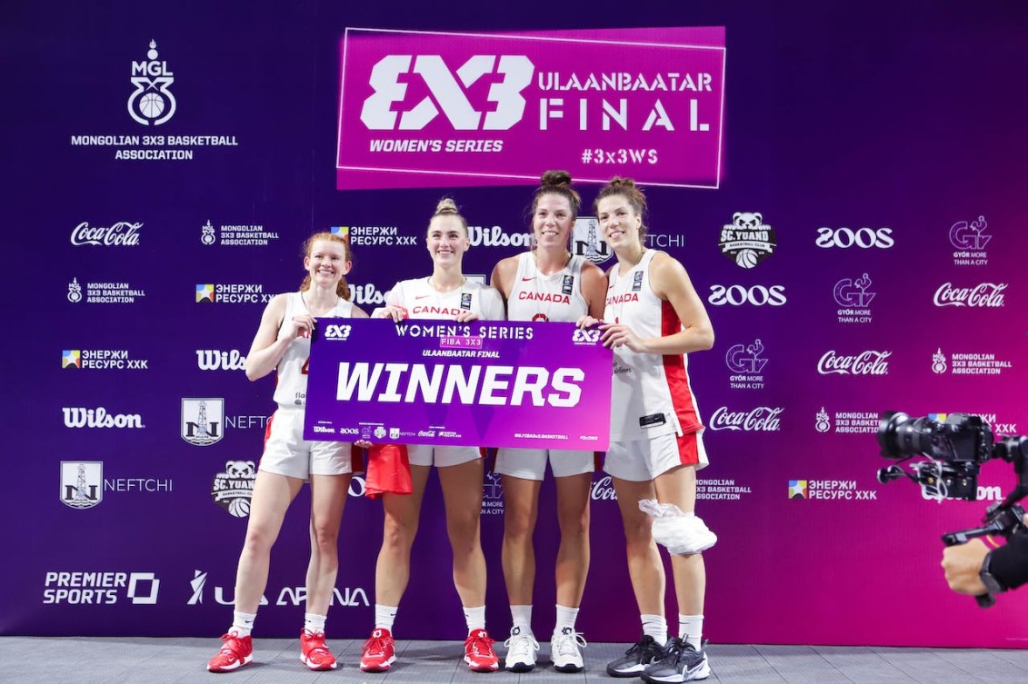 Pictured is Michelle Plouffe, Katherine Plouffe, Paige Crozon and Kacie Bosch after winning the FIBA 3X3 Women's Series Title on September 17, 2023.