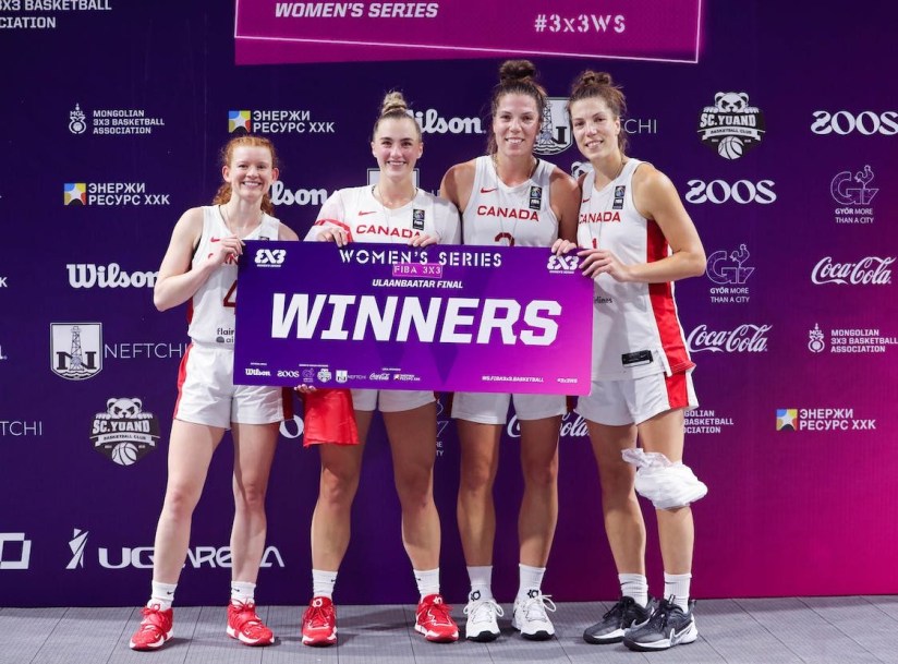 Michelle Plouffe, Katherine Plouffe, Paige Crozon and Kacie Bosch after winning the FIBA 3X3 Women's Series Title on September 17, 2023.