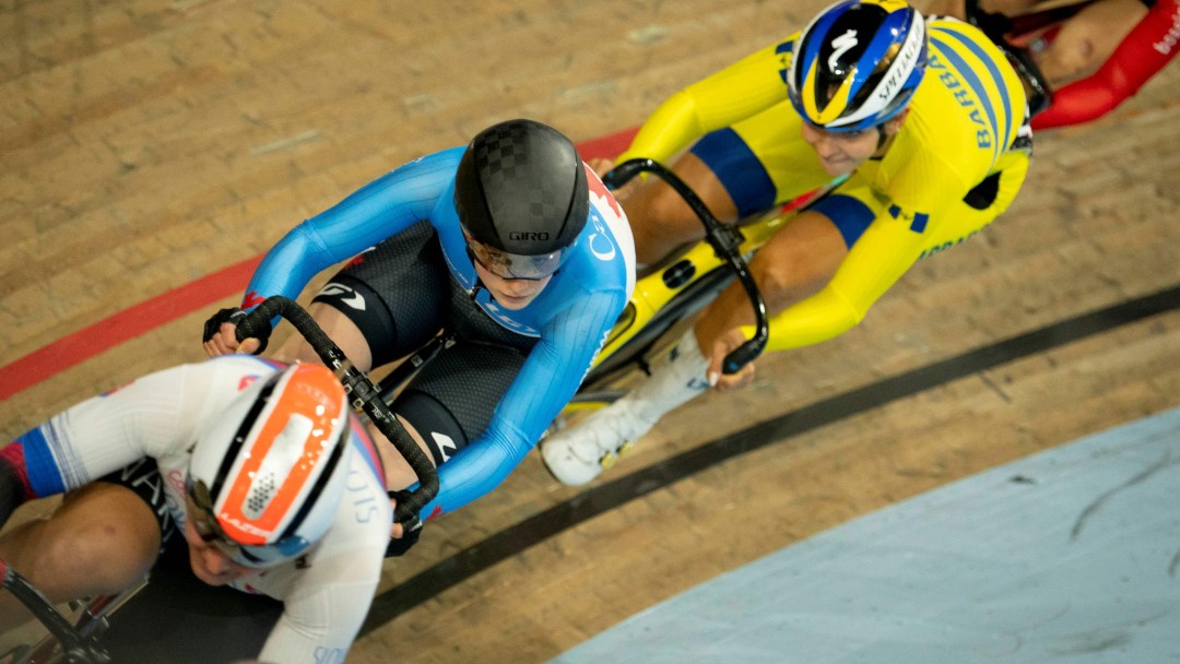 Ngaire Barraclough (205) of Canada, in blue, competing in the second stage of the Women's Omnium at the UCI Track Nations Cup in Milton, Ont. on Saturday, May 14, 2022. THE CANADIAN PRESS/Peter Power