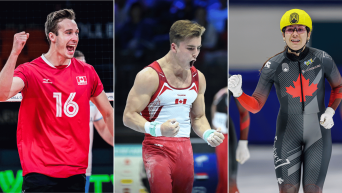 Split screen of a volleyball player, a male gymnast and a female short track speed skater all making fist pumps