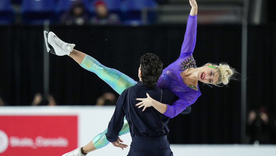 Piper Gilles and Paul Poirier, of Canada, perform their ice dance rhythm dance program during the Skate Canada International figure skating competition, in Vancouver, B.C., Friday, Oct. 27, 2023.