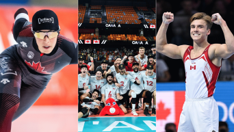 Split screen of speed skater Valerie Maltais racing on ice, men's volleyball team celebrating with Paris 2023 mascot, and Felix Dolci doing a fist pump