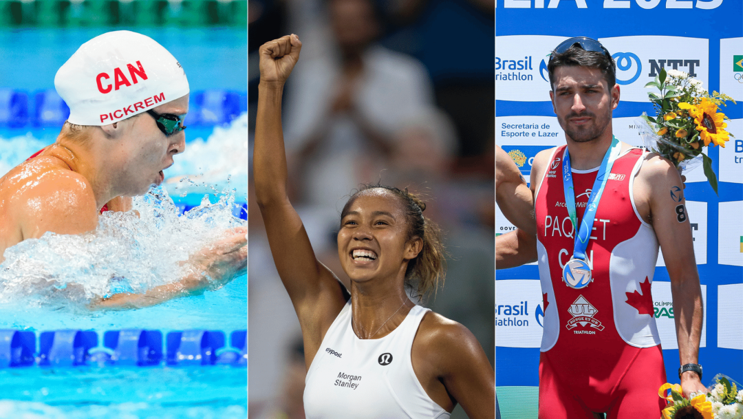 Split screen image of Sydney Pickrem swimming breaststroke, Leylah Fernandez celebrating with her fist in the air, and Charles Paquet on the podium
