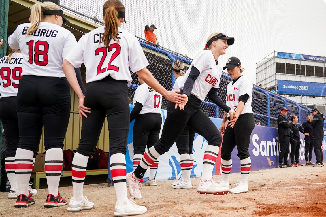 Kianna Jones #44 of Canada exits the dugout before facing Peru in Women's Soft Ball action during the Santiago 2023 Pan American Games 