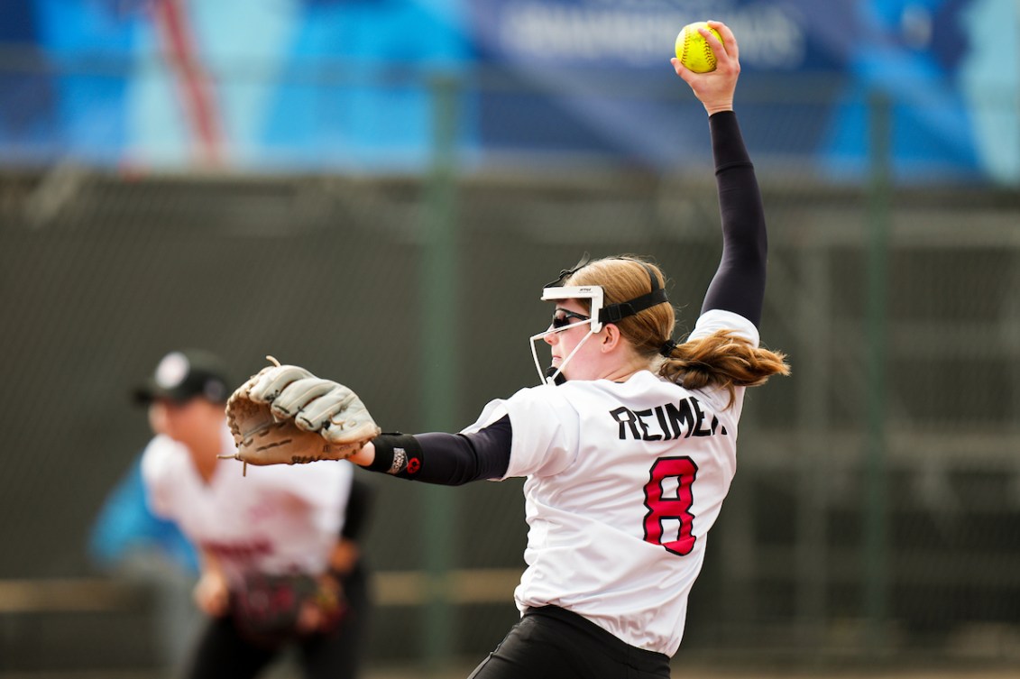 Morgan Reimer #8 of Canada pitches against Peru in Women's Soft Ball action during the Santiago 2023 Pan American Games